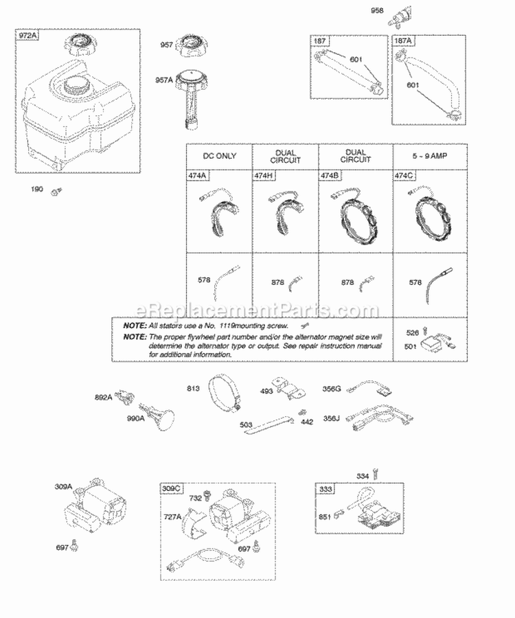 Alternator Electric Starter Fuel Supply Ignition Diagram and Parts List for 20A412-0007-E1  Briggs and Stratton Engine
